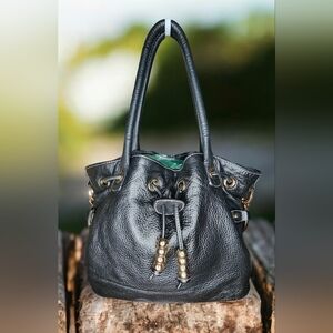 Charles David Black Leather Shoulder/Hobo Bag With A Drawstring Closure